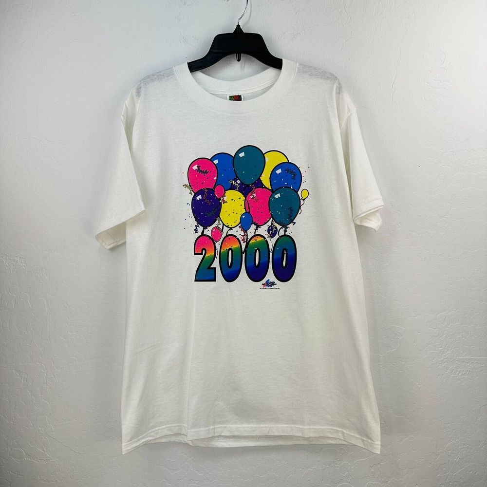 Vintage Fruit Of The Loom T-shirt Mens XL White Balloons Celebrate‎ Y2K Neon